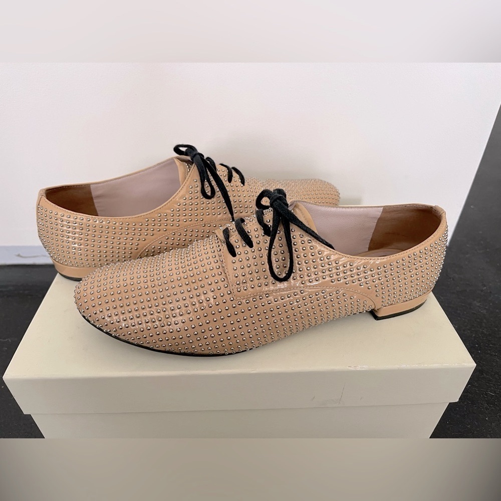 Miu Miu Studded Oxfords Nude Tan Patent Leather 38 / 8